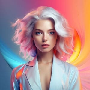 Blond woman against colourful background